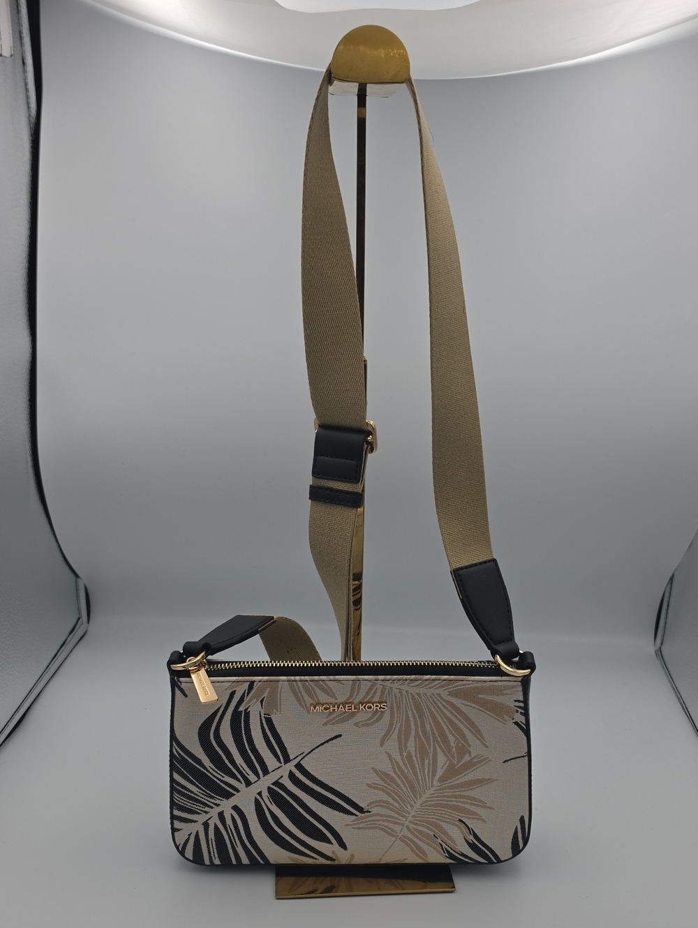 Michael Kors Beige Black Tropical-Print Crossbody Bag